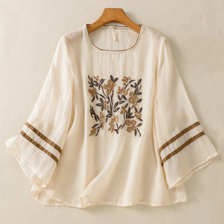 Buddha Stonesレトロ刺繍 花柄 七分袖 レディース コットンTシャツ - ベージュ - US14、 UK/AU18、 EU46 (2XL) - image 0