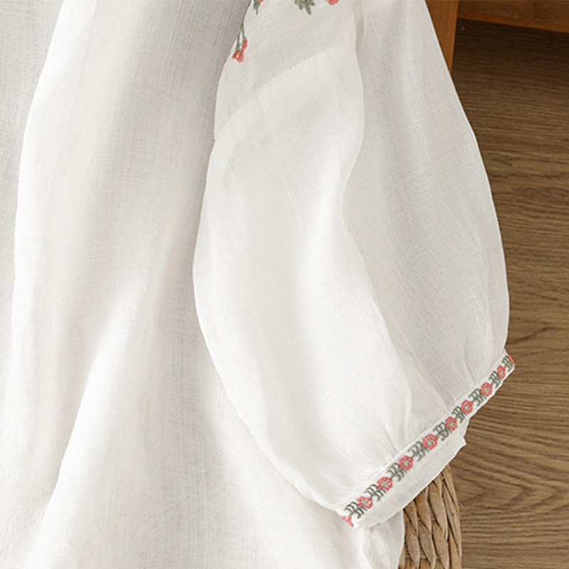 Buddha Stones刺繍ボタン七分袖ノッチネックレディースコットンシャツ - image 23