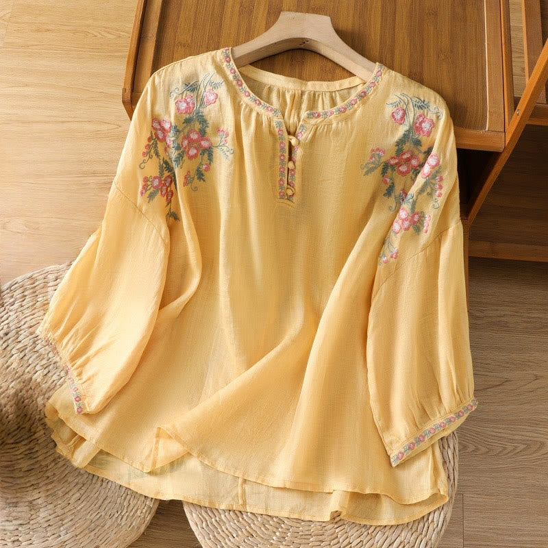 Buddha Stones刺繍ボタン七分袖ノッチネックレディースコットンシャツ - 金 - US12、 UK/AU16、 EU44 (2XL) - image 1