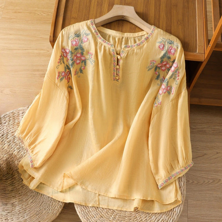 Buddha Stones刺繍ボタン七分袖ノッチネックレディースコットンシャツ - 金 - US12、 UK/AU16、 EU44 (2XL) - image 1