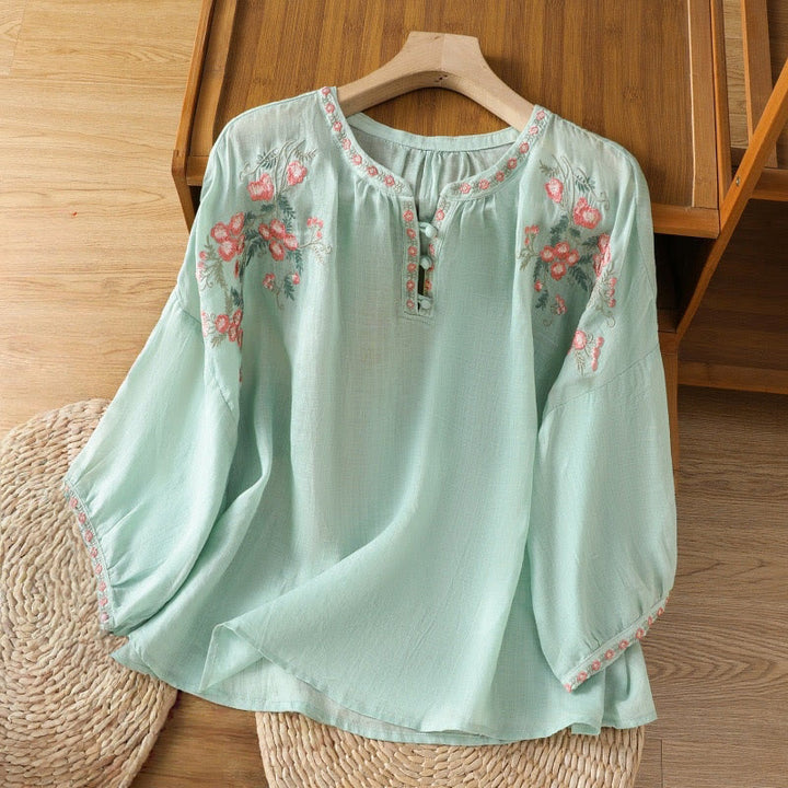 Buddha Stones刺繍ボタン七分袖ノッチネックレディースコットンシャツ - アクアマリン - US12、 UK/AU16、 EU44 (2XL) - image 25