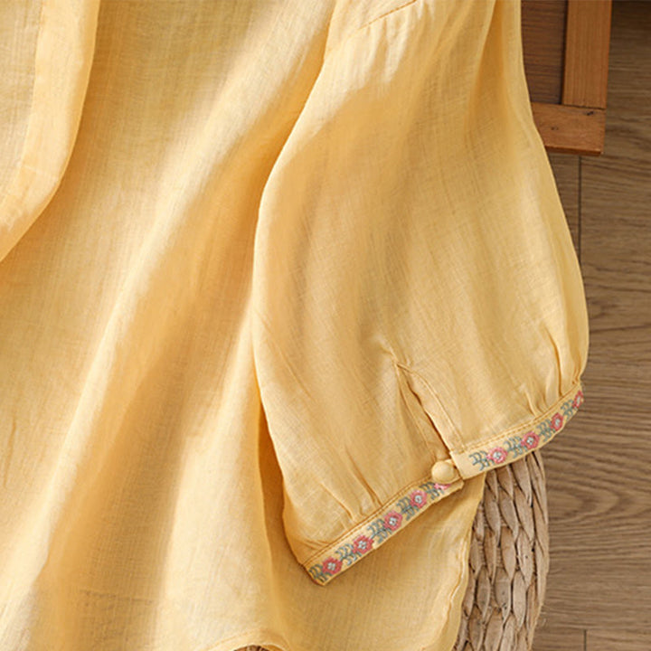 Buddha Stones刺繍ボタン七分袖ノッチネックレディースコットンシャツ - image 6