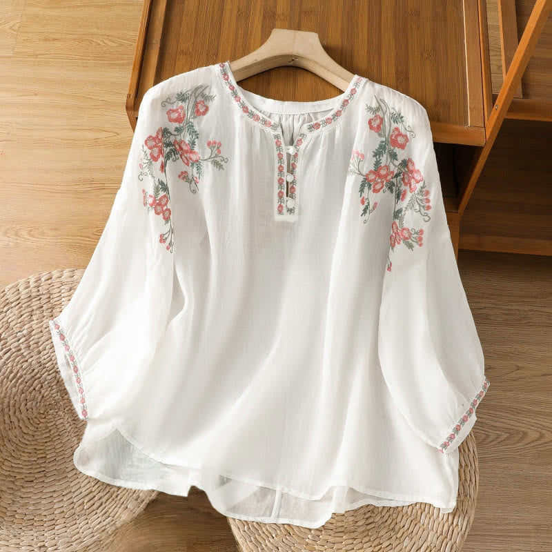 Buddha Stones刺繍ボタン七分袖ノッチネックレディースコットンシャツ - 白 - US12、 UK/AU16、 EU44 (2XL) - image 16
