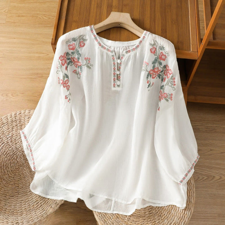 Buddha Stones刺繍ボタン七分袖ノッチネックレディースコットンシャツ - 白 - US12、 UK/AU16、 EU44 (2XL) - image 16