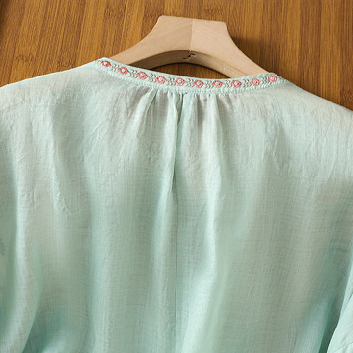 Buddha Stones刺繍ボタン七分袖ノッチネックレディースコットンシャツ - image 29
