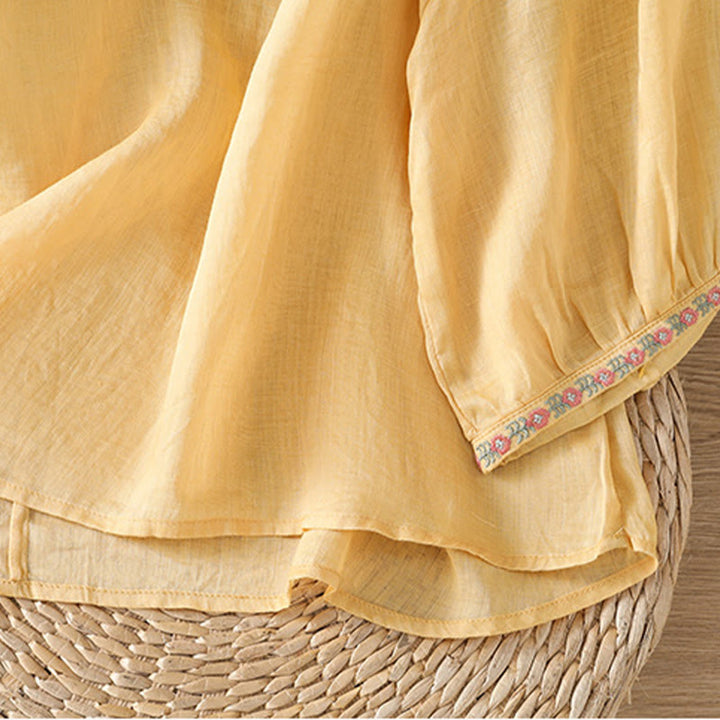 Buddha Stones刺繍ボタン七分袖ノッチネックレディースコットンシャツ - image 7