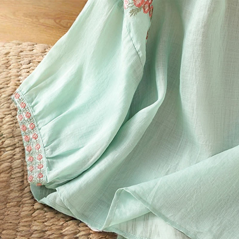 Buddha Stones刺繍ボタン七分袖ノッチネックレディースコットンシャツ - image 30
