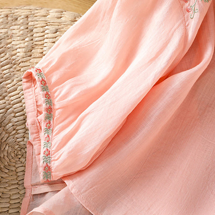 Buddha Stones刺繍ボタン七分袖ノッチネックレディースコットンシャツ - image 13