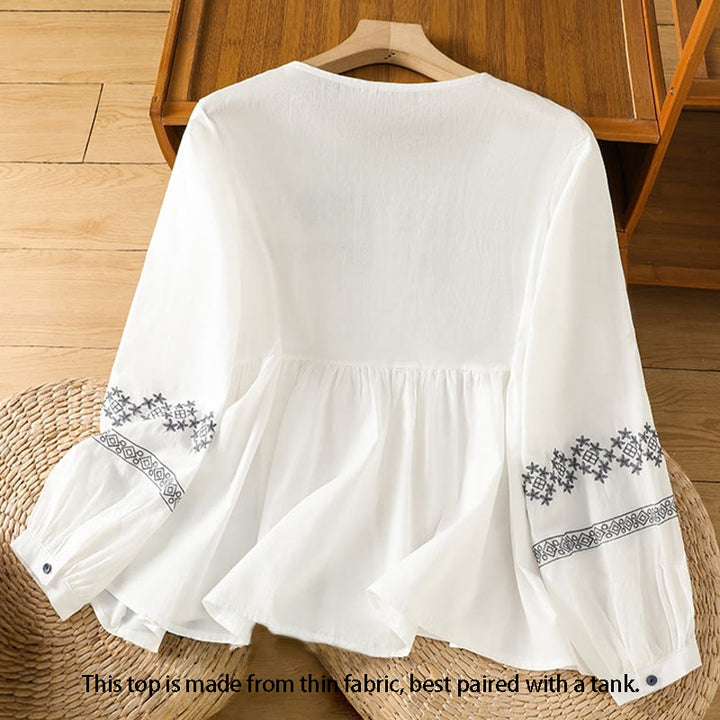 Buddha Stones刺繍プリーツボタンロングランタンスリーブレディースコットンシャツ - image 1
