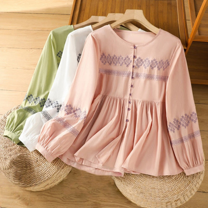 Buddha Stones刺繍プリーツボタンロングランタンスリーブレディースコットンシャツ - image 30