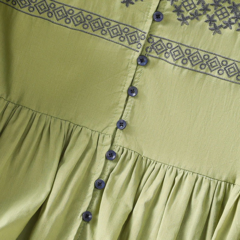 Buddha Stones刺繍プリーツボタンロングランタンスリーブレディースコットンシャツ - image 24