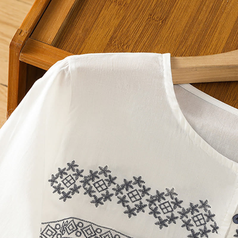 Buddha Stones刺繍プリーツボタンロングランタンスリーブレディースコットンシャツ - image 3