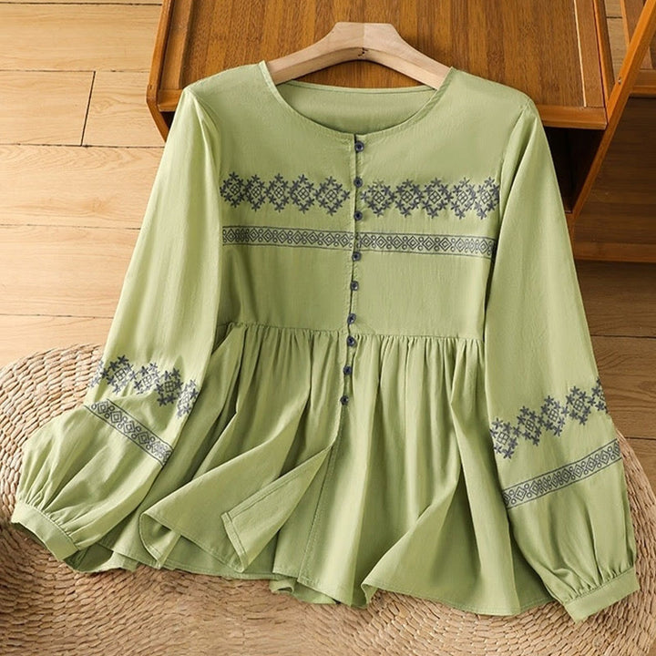 Buddha Stones刺繍プリーツボタンロングランタンスリーブレディースコットンシャツ - 黄緑 - US12、 UK/AU16、 EU44 (2XL) - image 19