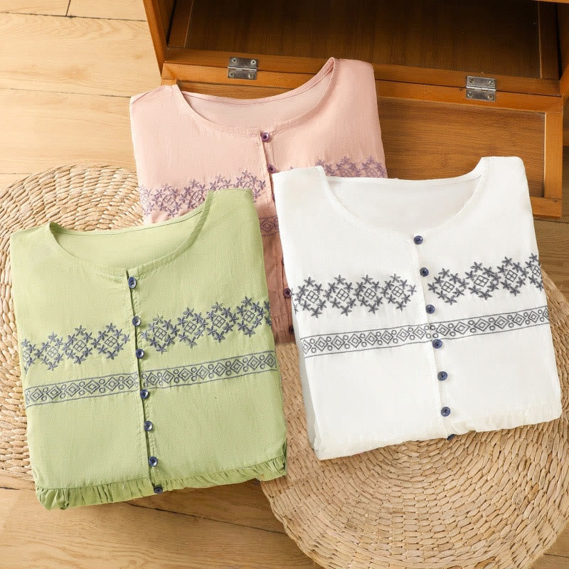 Buddha Stones刺繍プリーツボタンロングランタンスリーブレディースコットンシャツ - image 30