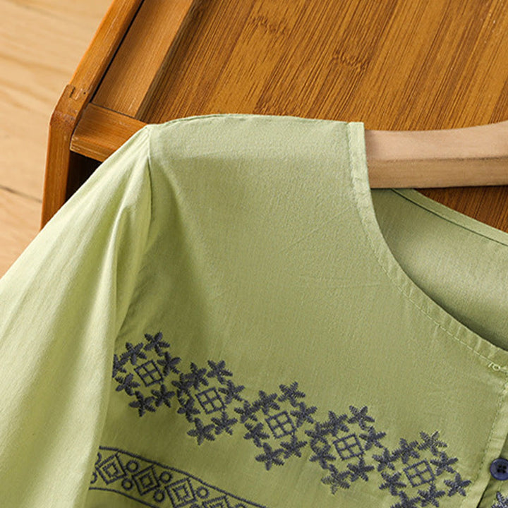 Buddha Stones刺繍プリーツボタンロングランタンスリーブレディースコットンシャツ - image 22