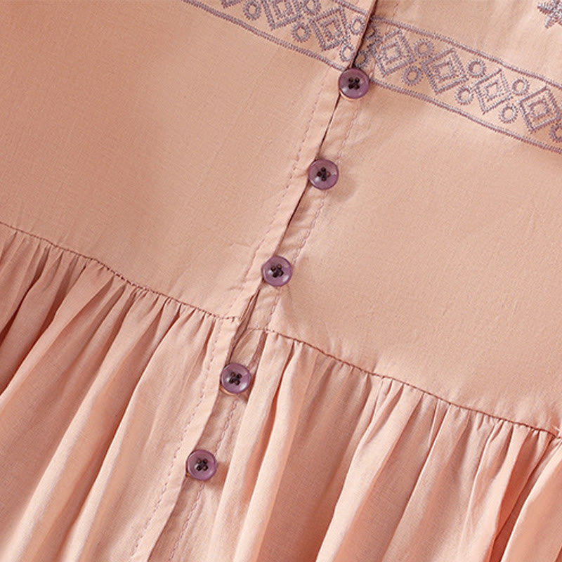 Buddha Stones刺繍プリーツボタンロングランタンスリーブレディースコットンシャツ - image 15