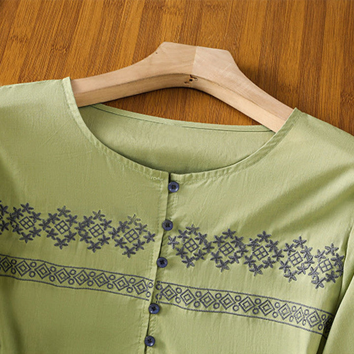 Buddha Stones刺繍プリーツボタンロングランタンスリーブレディースコットンシャツ - image 22