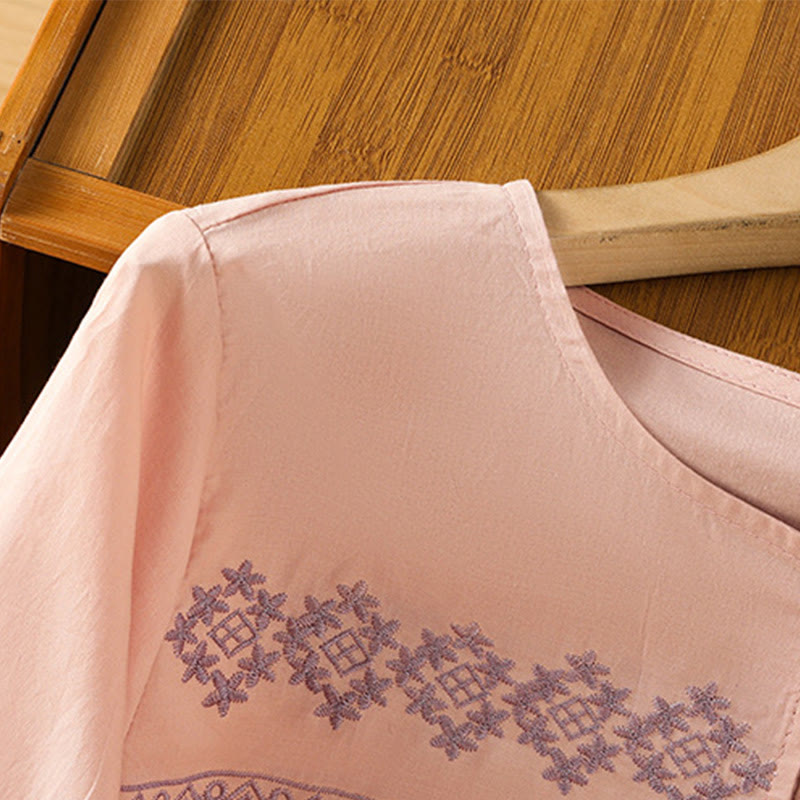 Buddha Stones刺繍プリーツボタンロングランタンスリーブレディースコットンシャツ - image 13