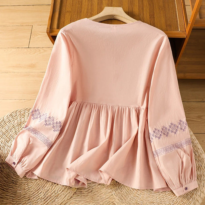 Buddha Stones刺繍プリーツボタンロングランタンスリーブレディースコットンシャツ - image 10