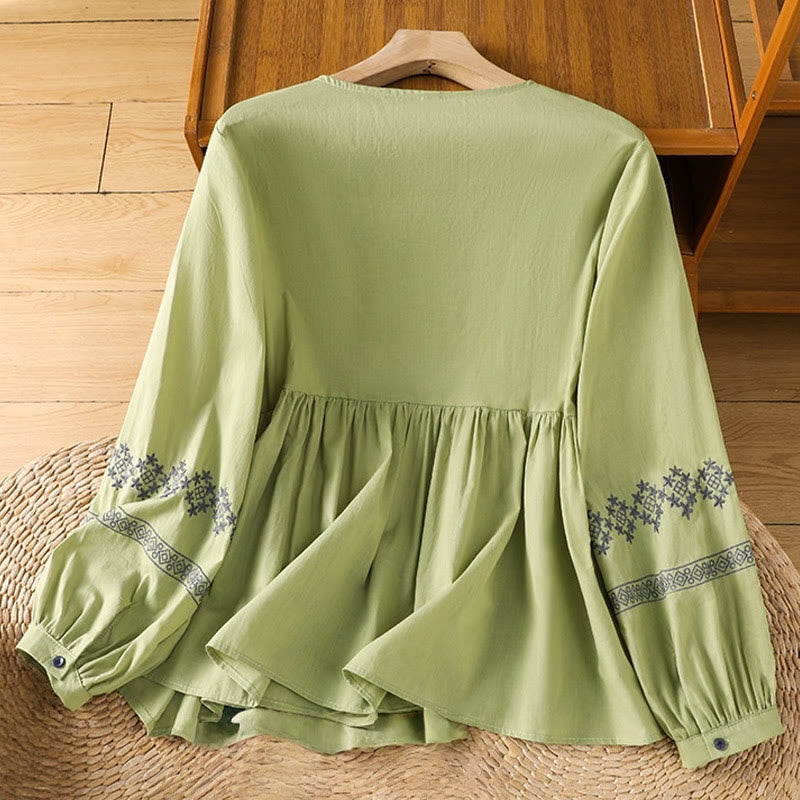 Buddha Stones刺繍プリーツボタンロングランタンスリーブレディースコットンシャツ - image 20