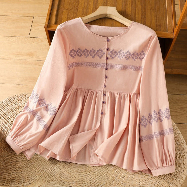 Buddha Stones刺繍プリーツボタンロングランタンスリーブレディースコットンシャツ - ライトサーモン - US12、 UK/AU16、 EU44 (2XL) - image 9