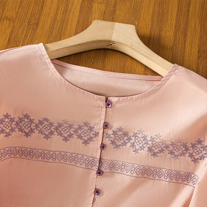 Buddha Stones刺繍プリーツボタンロングランタンスリーブレディースコットンシャツ - image 11