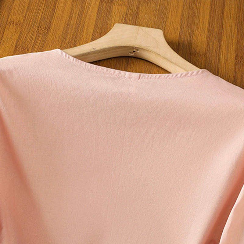 Buddha Stones刺繍プリーツボタンロングランタンスリーブレディースコットンシャツ - image 12