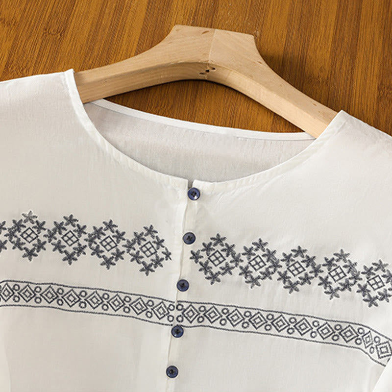 Buddha Stones刺繍プリーツボタンロングランタンスリーブレディースコットンシャツ - image 2