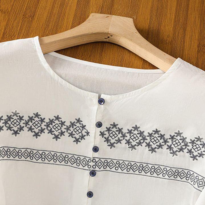 Buddha Stones刺繍プリーツボタンロングランタンスリーブレディースコットンシャツ - image 2