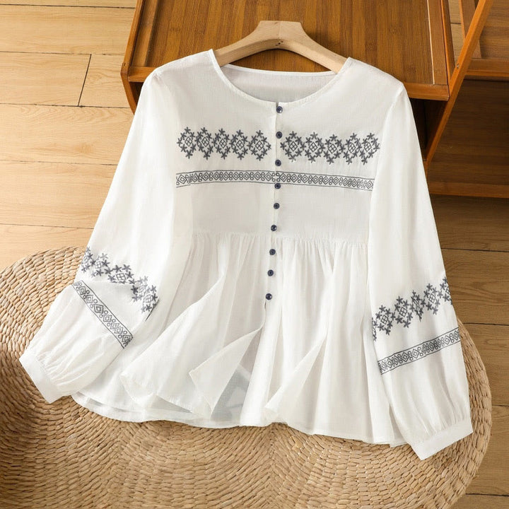 Buddha Stones刺繍プリーツボタンロングランタンスリーブレディースコットンシャツ - 白 - US12、 UK/AU16、 EU44 (2XL) - image 0