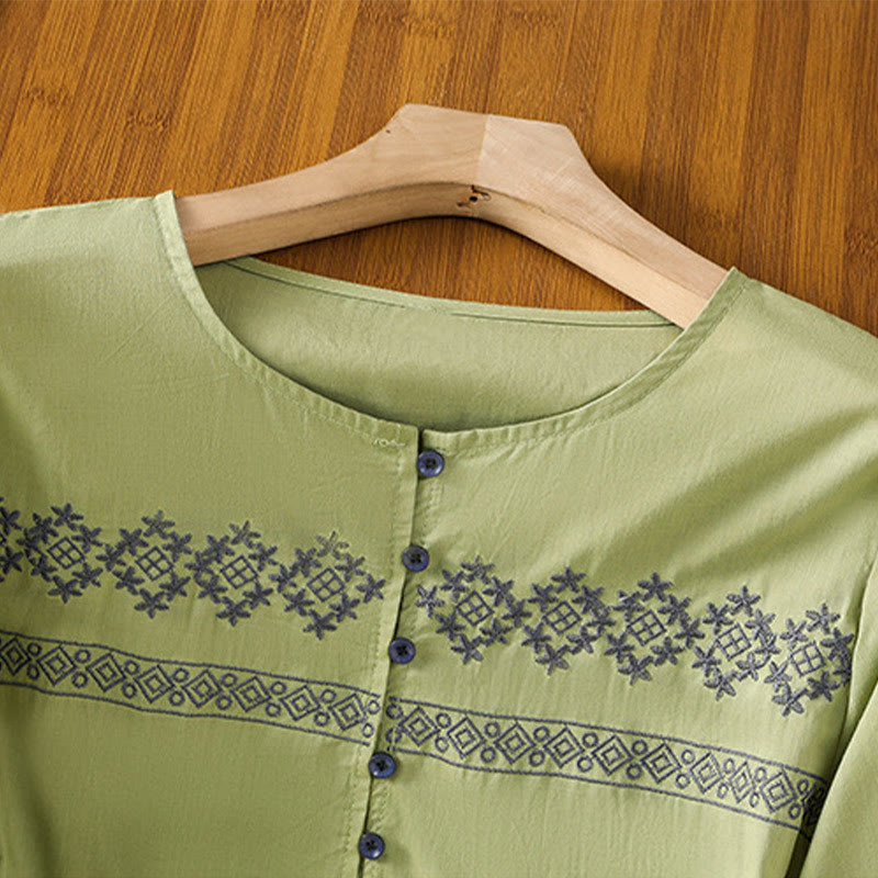 Buddha Stones刺繍プリーツボタンロングランタンスリーブレディースコットンシャツ - image 23