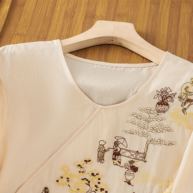 Buddha Stonesレトロ刺繍 レースアップ レディース 七分袖 コットンリネン Tシャツ - image 2
