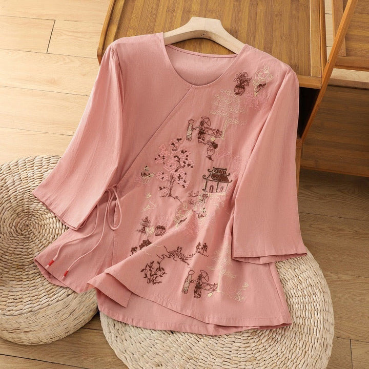 Buddha Stonesレトロ刺繍 レースアップ レディース 七分袖 コットンリネン Tシャツ - 鮭 - US12、 UK/AU16、 EU44 (2XL) - image 8