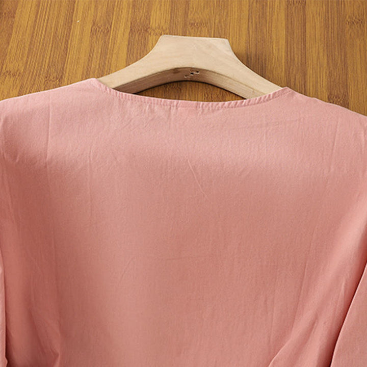 Buddha Stonesレトロ刺繍 レースアップ レディース 七分袖 コットンリネン Tシャツ - image 11