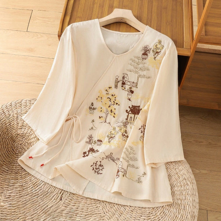 Buddha Stonesレトロ刺繍 レースアップ レディース 七分袖 コットンリネン Tシャツ - レモンシフォン - US12、 UK/AU16、 EU44 (2XL) - image 0