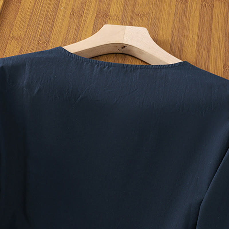 Buddha Stonesレトロ刺繍 レースアップ レディース 七分袖 コットンリネン Tシャツ - image 18