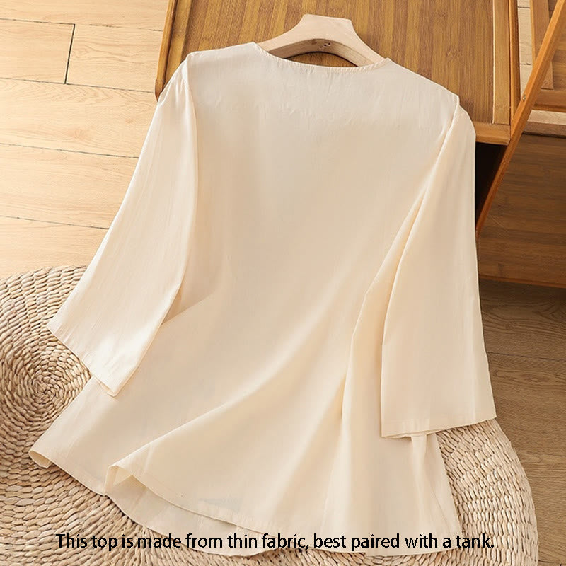 Buddha Stonesレトロ刺繍 レースアップ レディース 七分袖 コットンリネン Tシャツ - image 1
