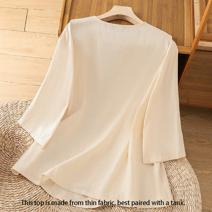 Buddha Stonesレトロ刺繍 レースアップ レディース 七分袖 コットンリネン Tシャツ - image 1