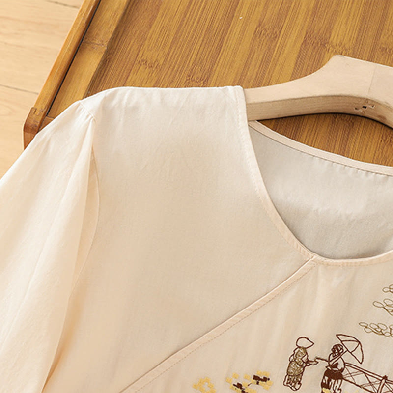 Buddha Stonesレトロ刺繍 レースアップ レディース 七分袖 コットンリネン Tシャツ - image 3
