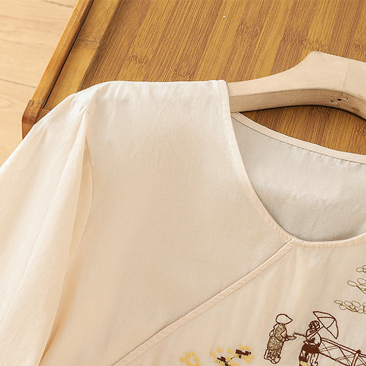 Buddha Stonesレトロ刺繍 レースアップ レディース 七分袖 コットンリネン Tシャツ - image 3