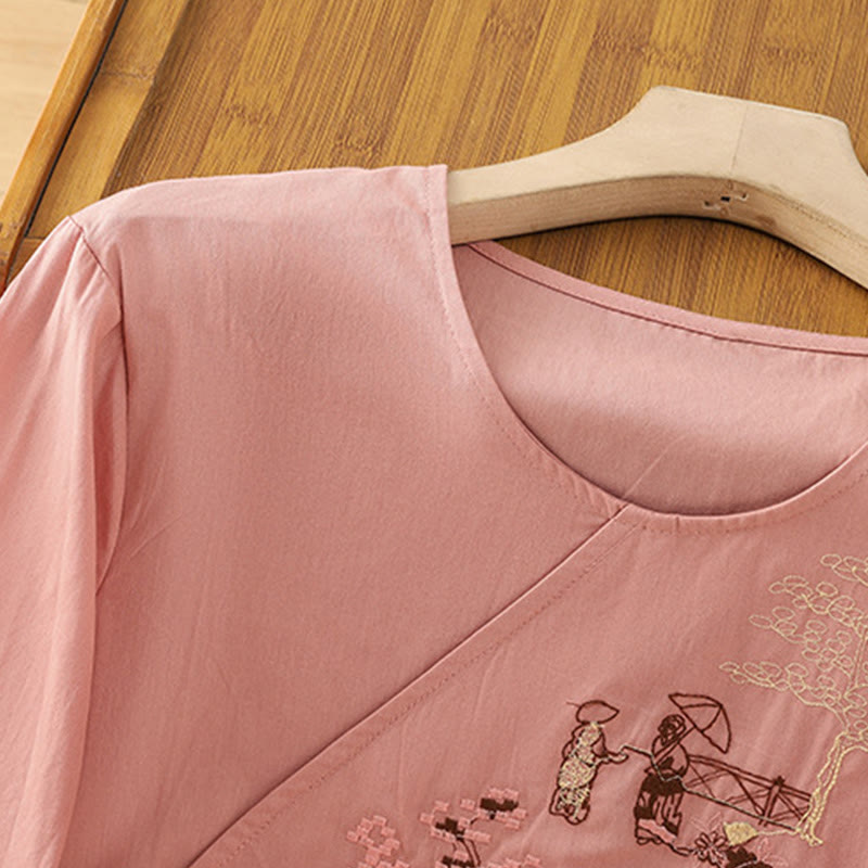 Buddha Stonesレトロ刺繍 レースアップ レディース 七分袖 コットンリネン Tシャツ - image 10