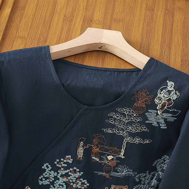 Buddha Stonesレトロ刺繍 レースアップ レディース 七分袖 コットンリネン Tシャツ - image 16