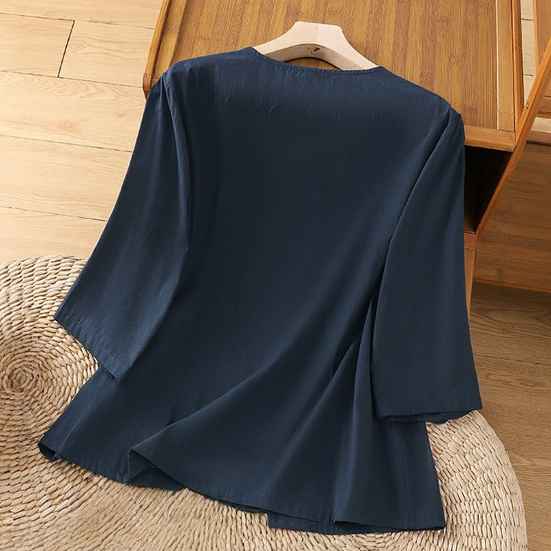 Buddha Stonesレトロ刺繍 レースアップ レディース 七分袖 コットンリネン Tシャツ - image 15