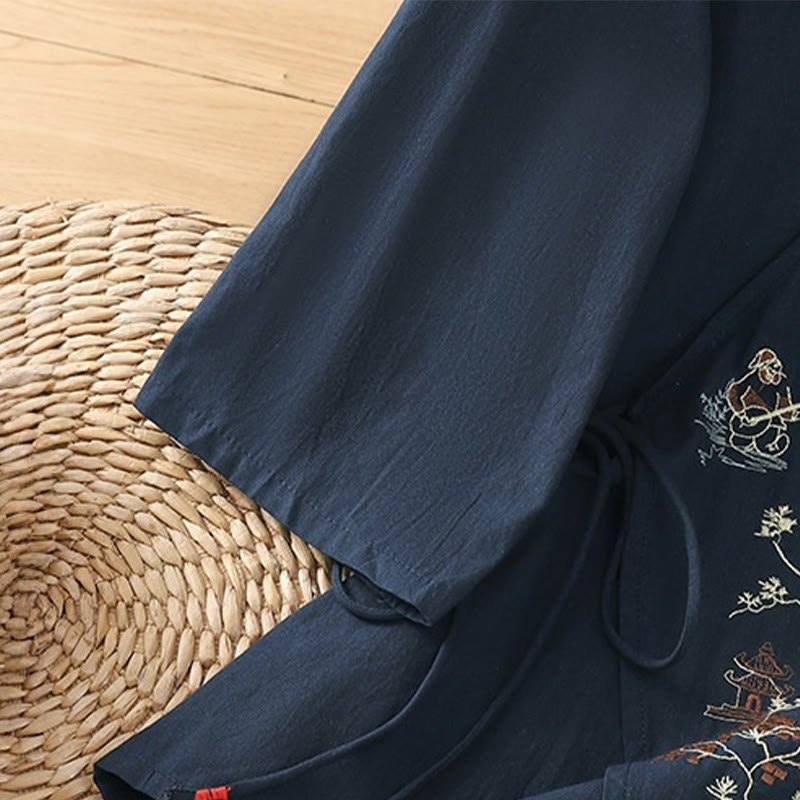 Buddha Stonesレトロ刺繍 レースアップ レディース 七分袖 コットンリネン Tシャツ - image 20
