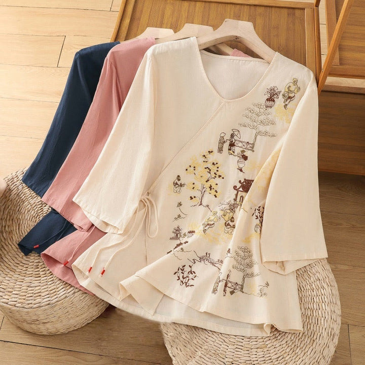 Buddha Stonesレトロ刺繍 レースアップ レディース 七分袖 コットンリネン Tシャツ - image 22