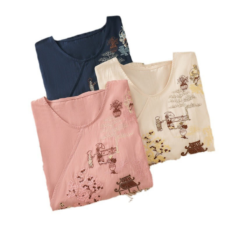 Buddha Stonesレトロ刺繍 レースアップ レディース 七分袖 コットンリネン Tシャツ - image 23