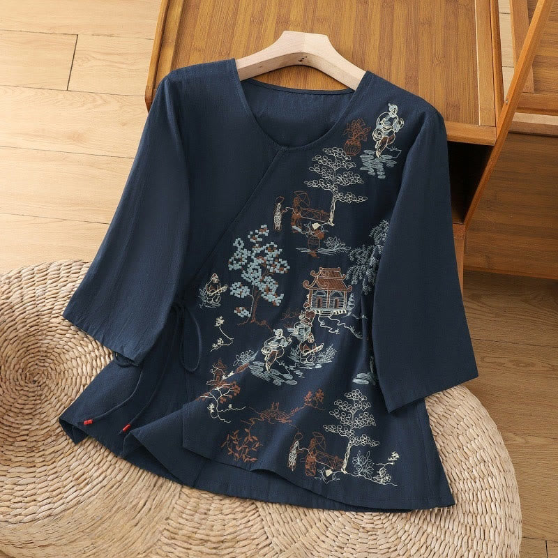 Buddha Stonesレトロ刺繍 レースアップ レディース 七分袖 コットンリネン Tシャツ - ミッドナイトブルー - US12、 UK/AU16、 EU44 (2XL) - image 14