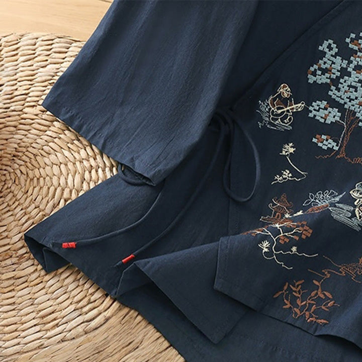 Buddha Stonesレトロ刺繍 レースアップ レディース 七分袖 コットンリネン Tシャツ - image 19