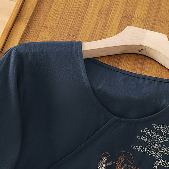 Buddha Stonesレトロ刺繍 レースアップ レディース 七分袖 コットンリネン Tシャツ - image 17