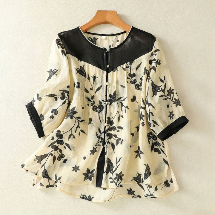 Buddha Stonesプリント 花柄ボタン カラーコントラスト 半袖 レディース シャツ - 黒 - US8-10，UK/AU12-14，EU40-42 (2XL) - image 1